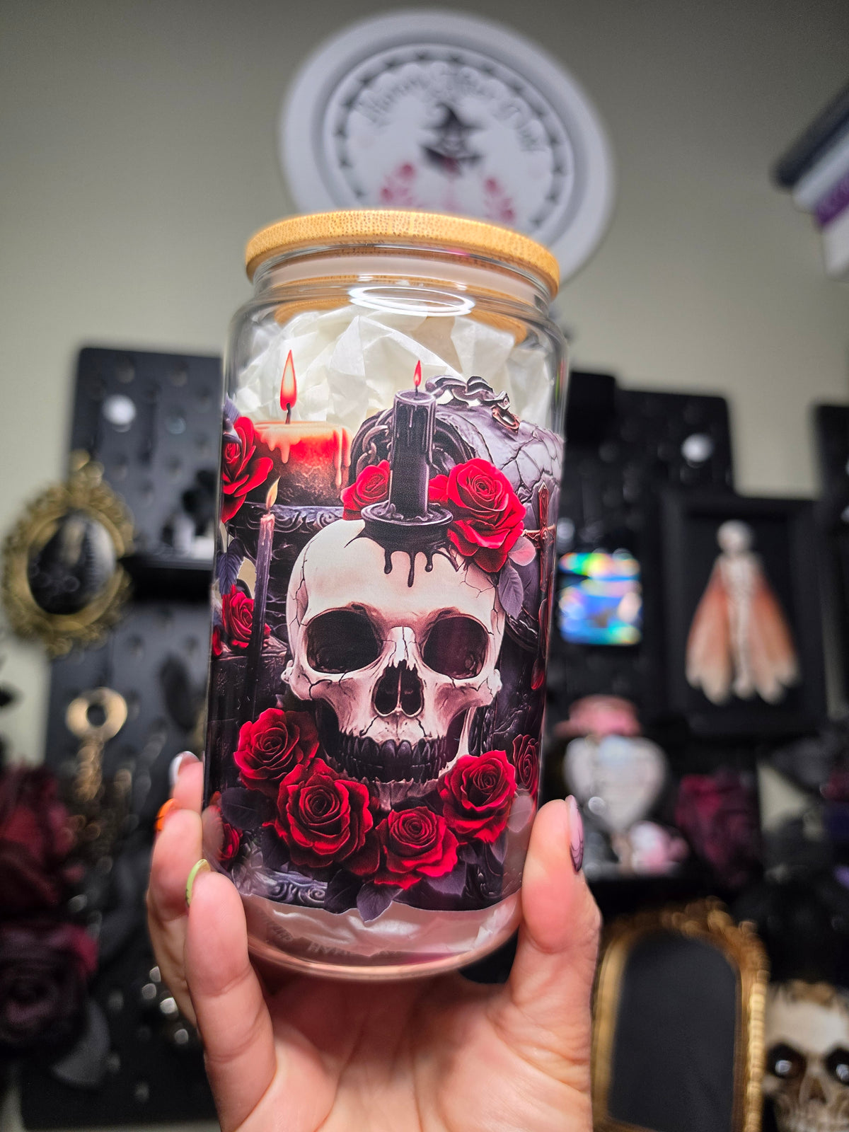 Dark Gothic Skull and Raven Glass Can