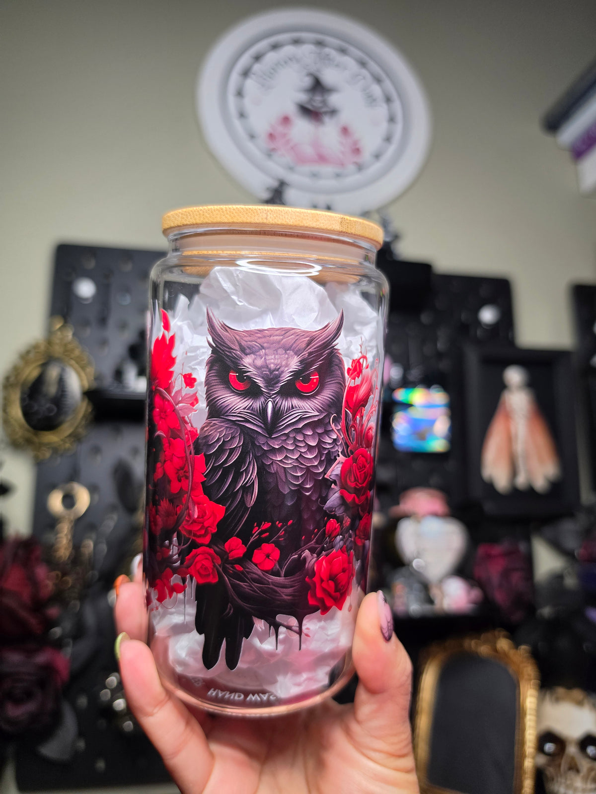 Gothic Owls Glass Can
