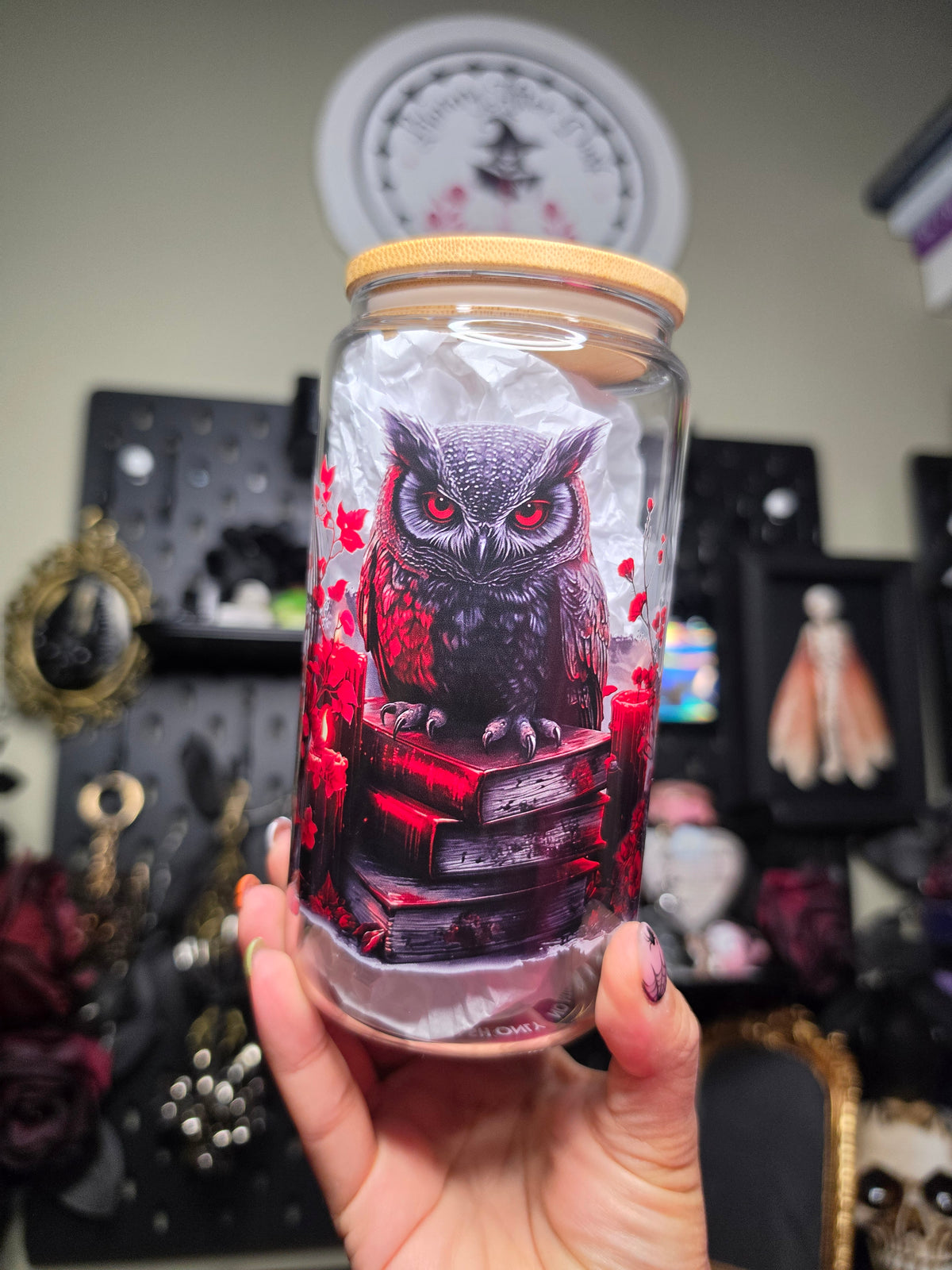 Gothic Owl and Books Glass Can